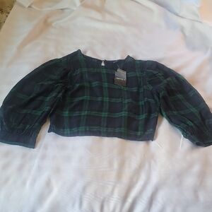 Forever 21 Womans Hunter Green/Blue Plaid Woven, Side Zipper Top, Size: L, NWT